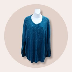 Croft & Barrow Teal Cardigan Sweater Tiny Metal Dots on Chest 3X 100% Cotton